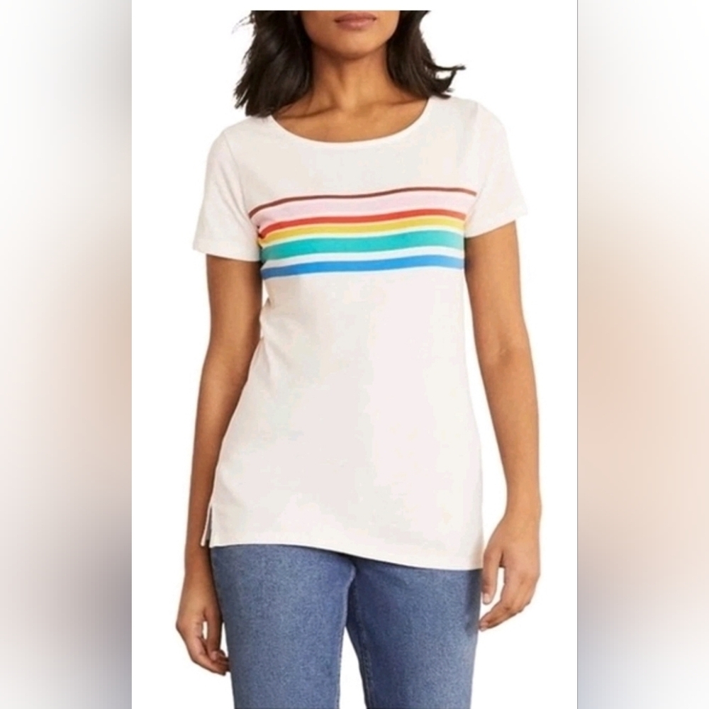 Boden Women's White Tee with Multicolor Rainbow Stripes Euc!